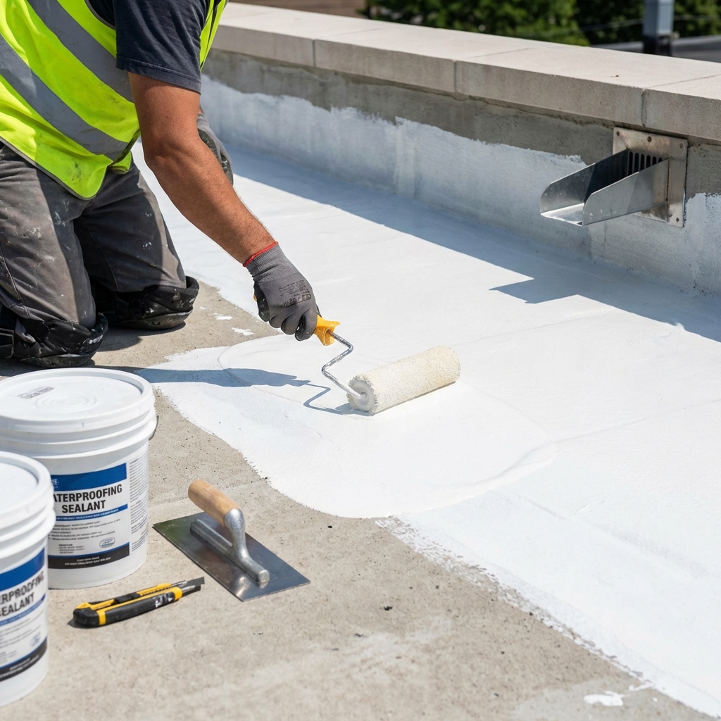 Worker applying waterproofing